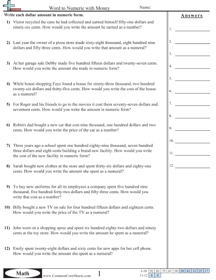 Money Worksheets - Word to Numeric with Money  worksheet